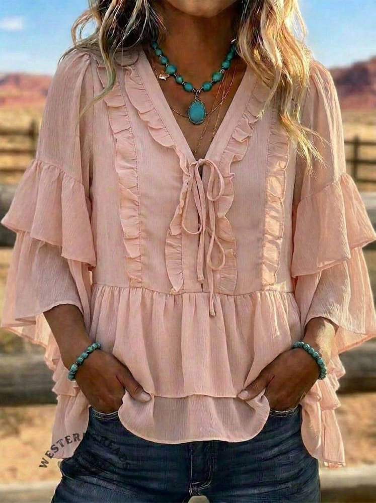Tie-Front Ruffle Blouse • Tiered Bell Sleeve Boho Top