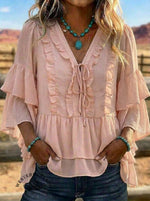 Tie-Front Ruffle Blouse • Tiered Bell Sleeve Boho Top