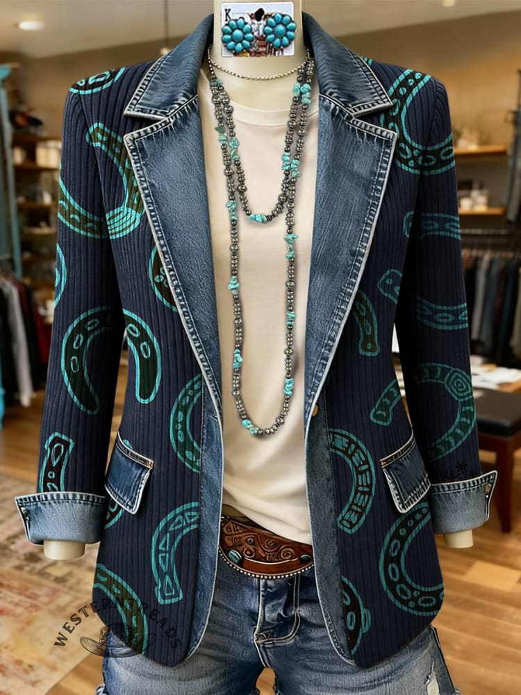 West Print Patchwork Denim Sweater