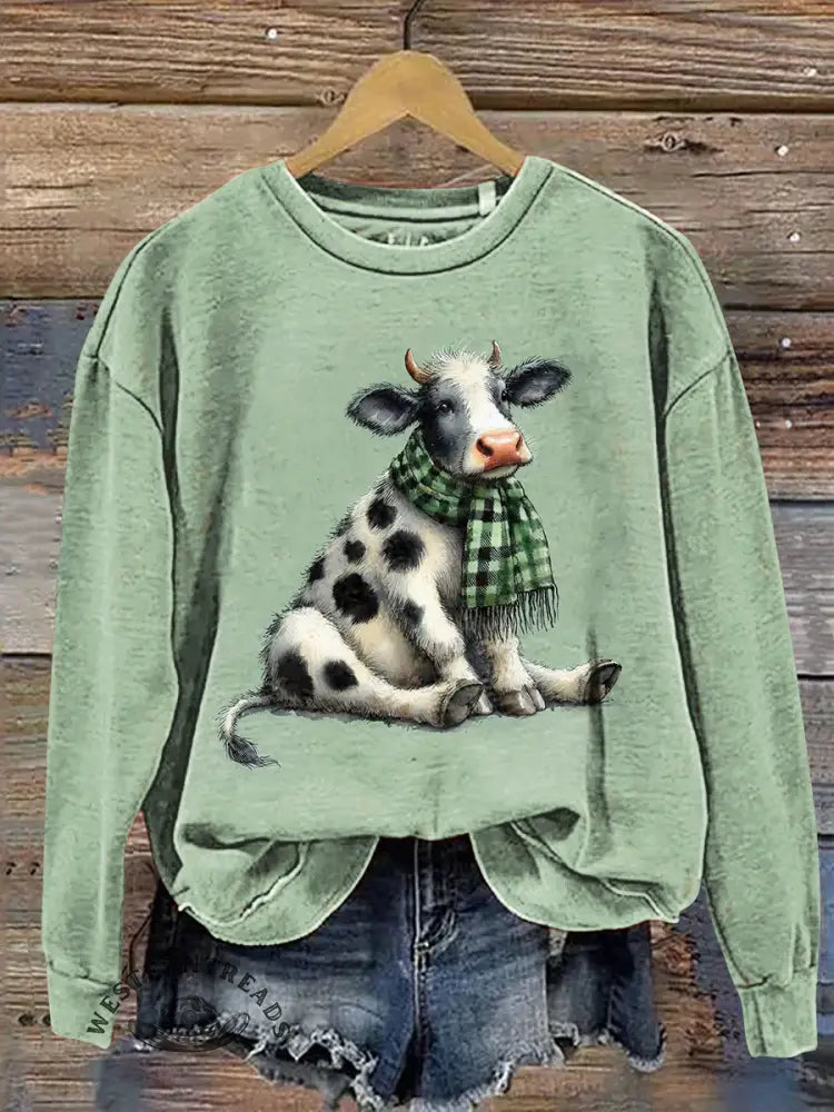 Vintage Cow Art Prints Casual Cotton Sweatshirt