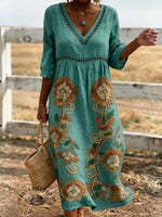 Women's Retro Floral Art Print Casual Hollow Dress