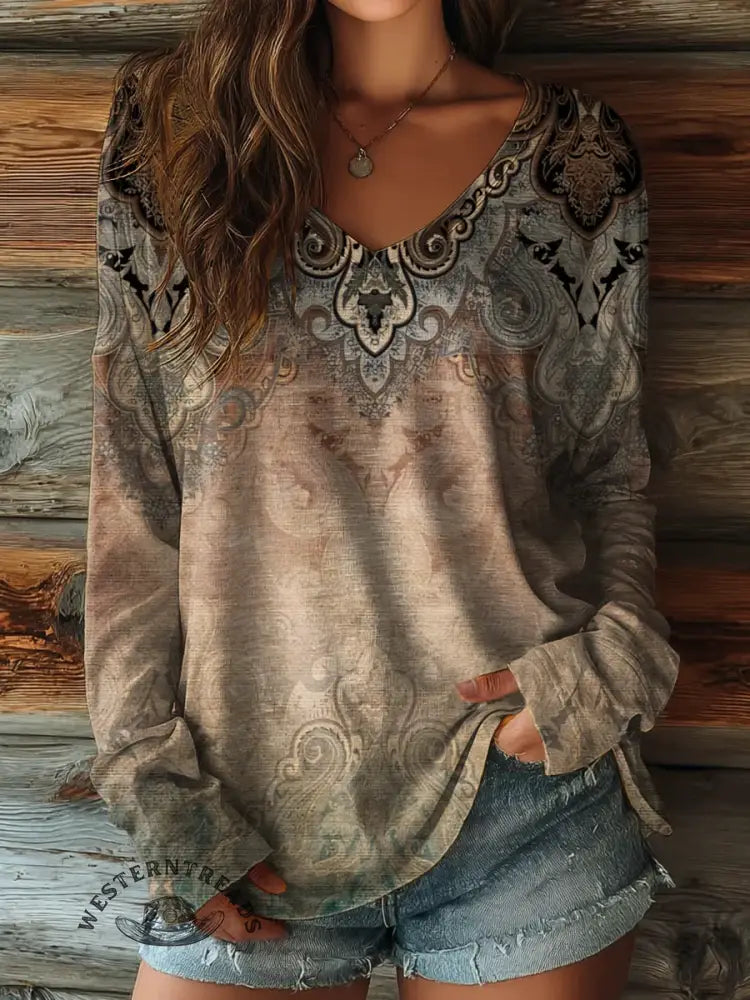 100% CottonšRetro Art Print Casaul V-collar Long Sleeve Tee