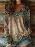 100% CottonšRetro Art Print Casaul V-collar Long Sleeve Tee