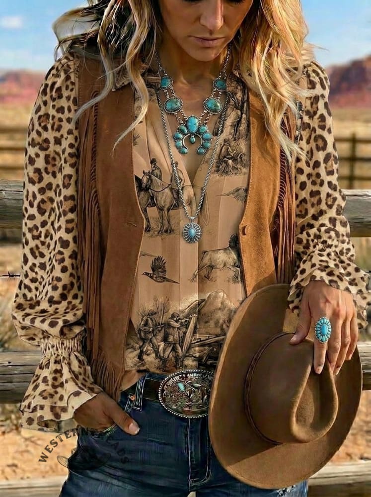Women's Retro Leopard Western Art Ruffle Sleeve Casual Shirt