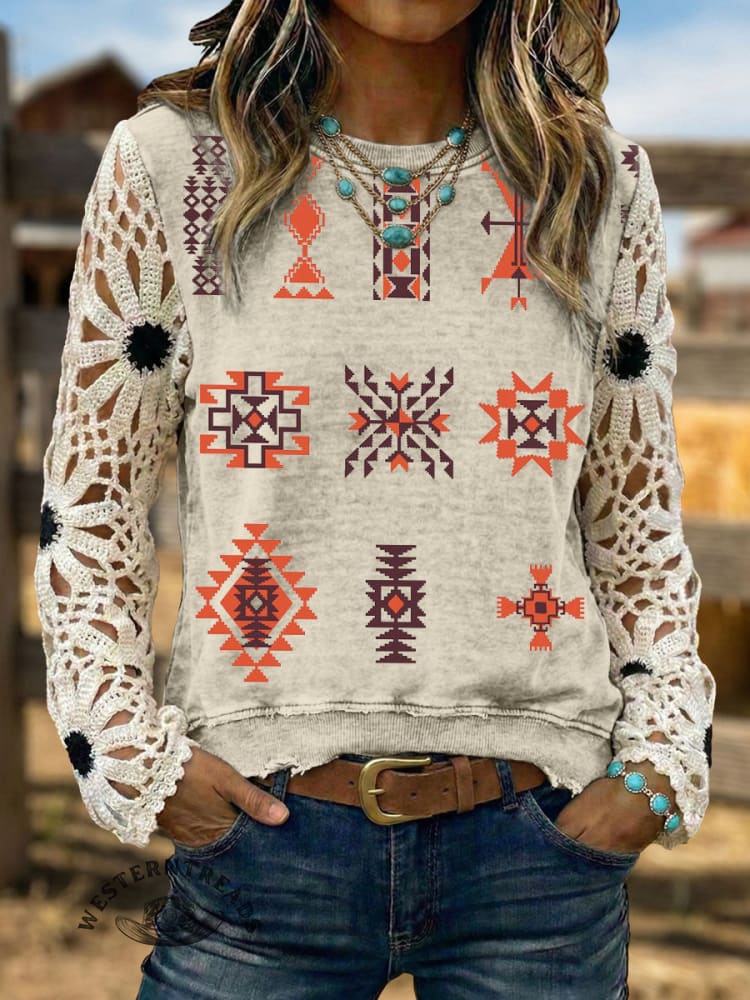 Vintage Western Art Soft Casual Crocheted Flowers Sweatshirt