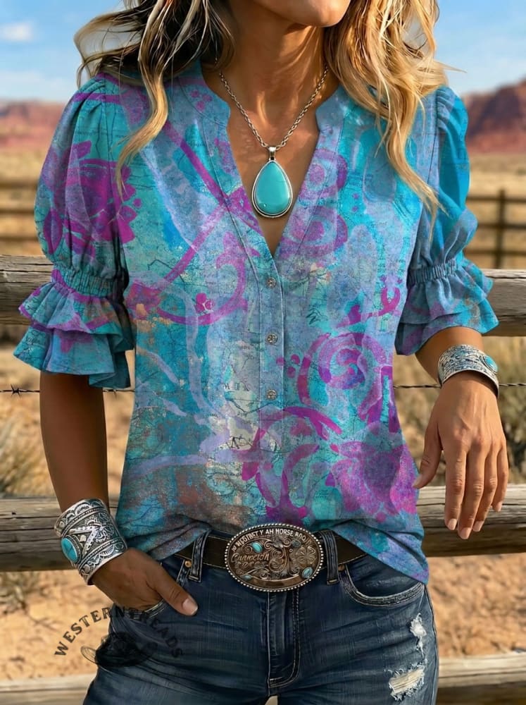 Women's Retro Floral Art Puff Sleeve Casual Shirt