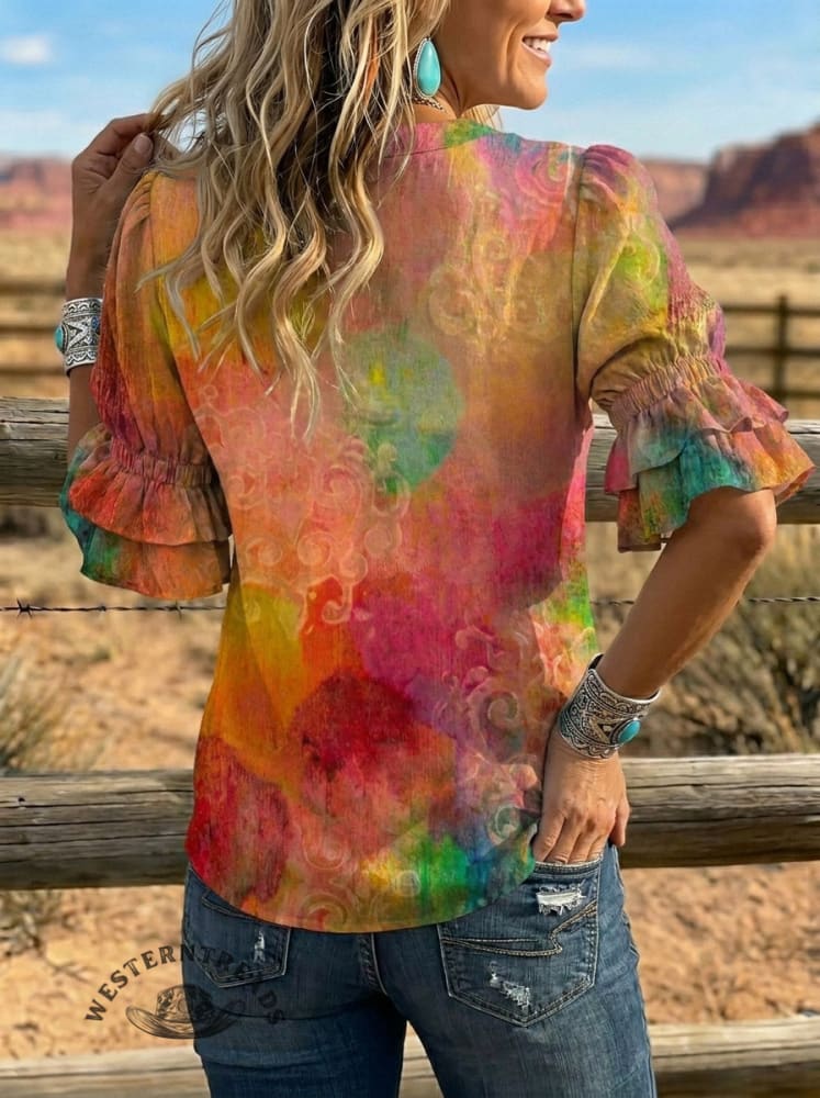 Women's Retro Floral Art Puff Sleeve Casual Shirt