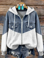 Casual Patchwork Denim Hooded Zip-up Cotton Sweatshirt
