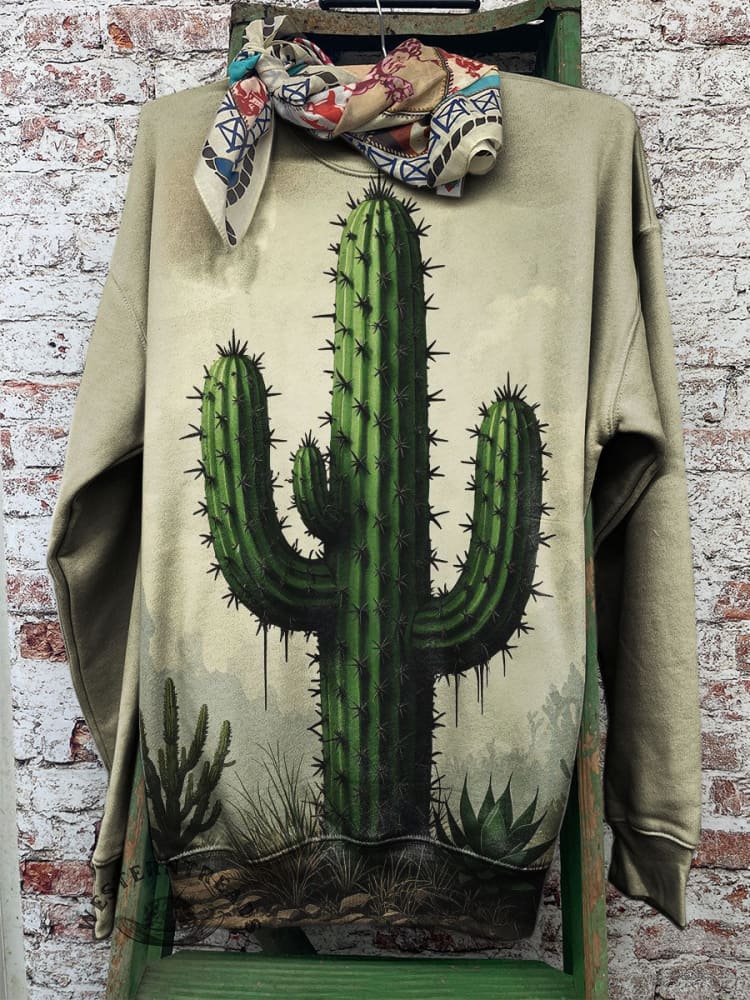 Vintage Cactus Art Print Casual Sweatshirt