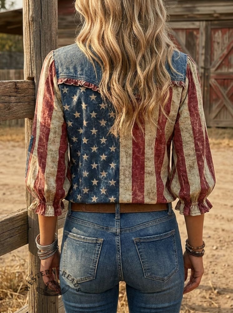 Women's American Flag Art Print Casual Denim Shirt