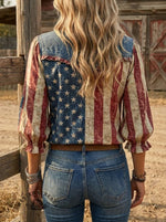 Women's American Flag Art Print Casual Denim Shirt