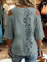 Women's Vintage Flowers Print Off-shoulder Patchwork Casual Shirt