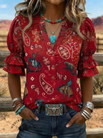 Wild West Art Print V-neck Puff Sleeve Ruffle Shirt