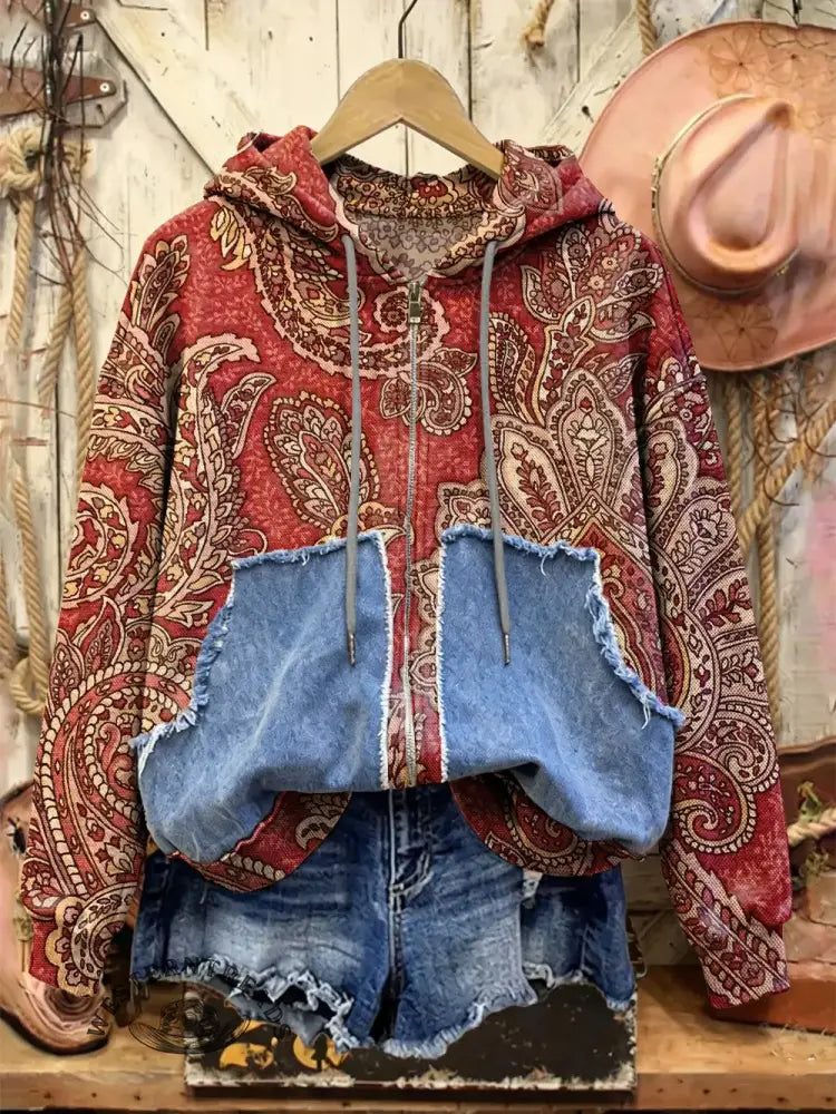 Retro Print Casual Cotton Patchwork Hooded Zip-up Sweatshirt