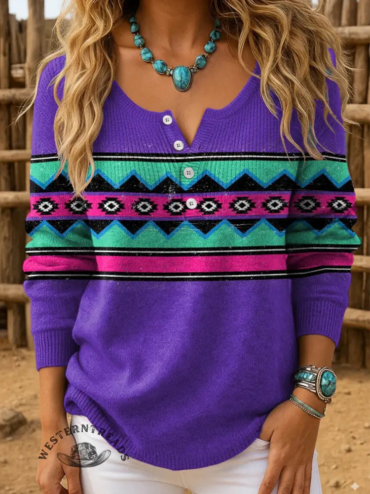 Retro Art Pattern Print Buttoned Cardigan Sweater