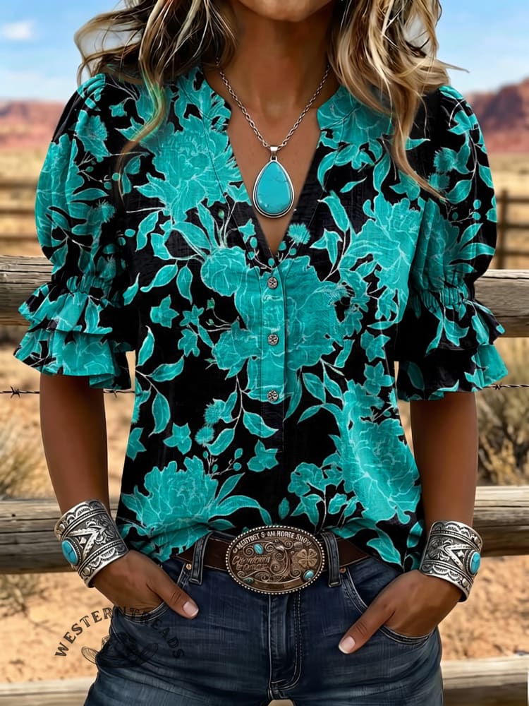 Women's Vintage Art Puff Sleeve Casual Shirt