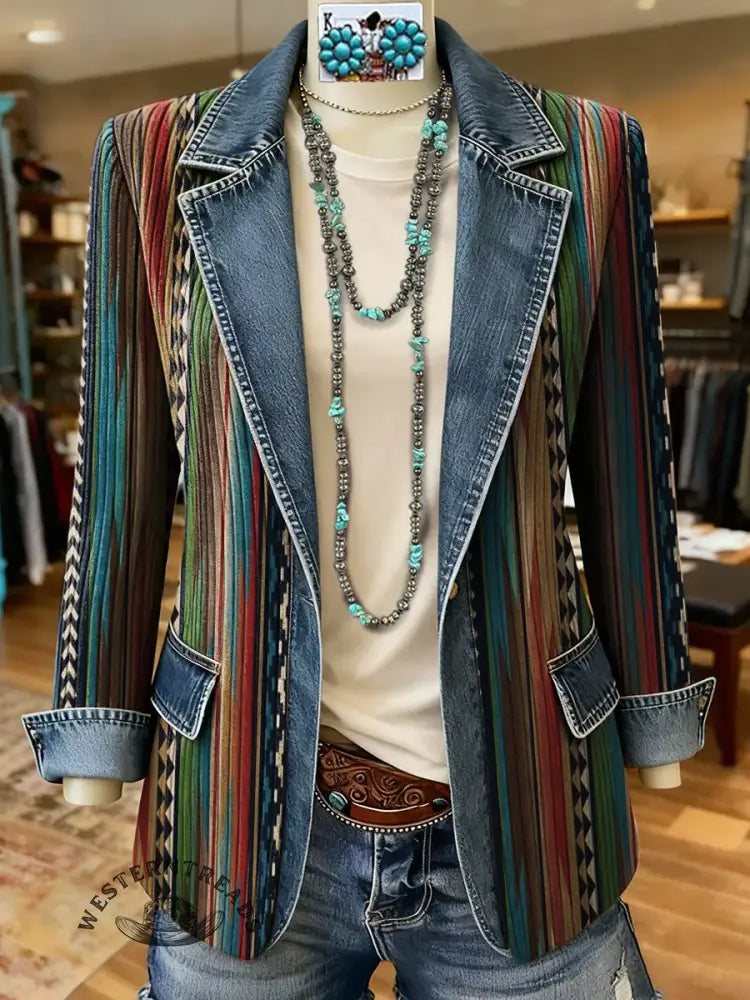 Aztec Art Print Patchwork Denim Sweater Cardigan Coat