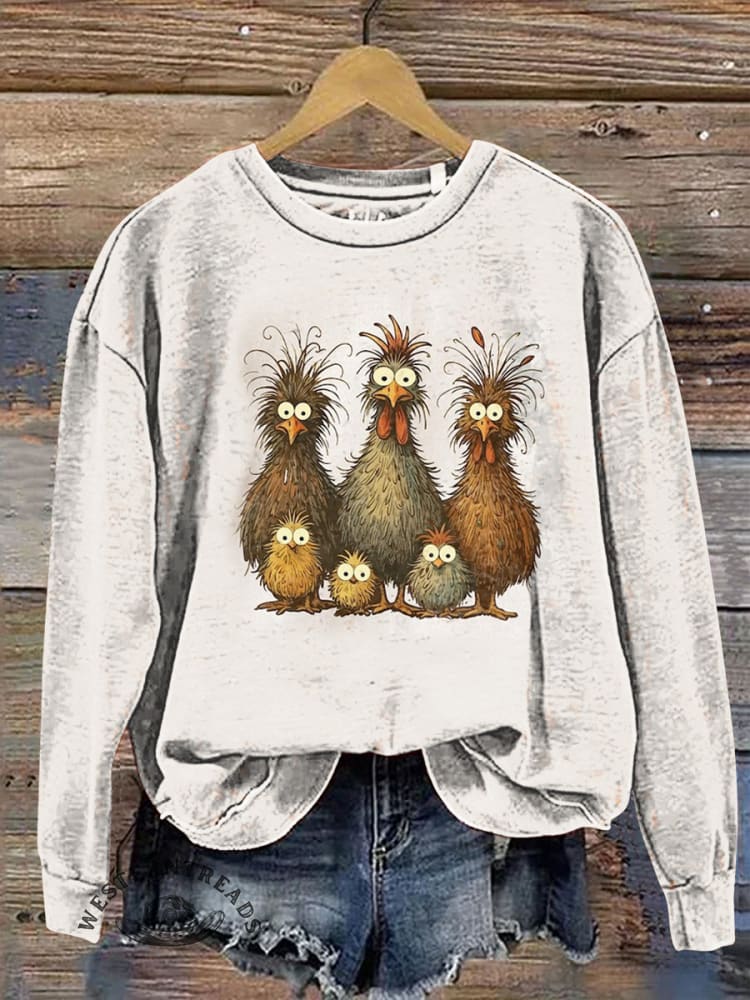 Vintage Chicken Art Prints Casual Cotton Sweatshirt