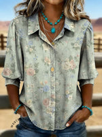 Vintage Floral Prints Casual Cotton Shirt