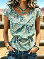 Women's Vintage V-neck Pleated Waist Patchwork Chiffon Casual Shirt
