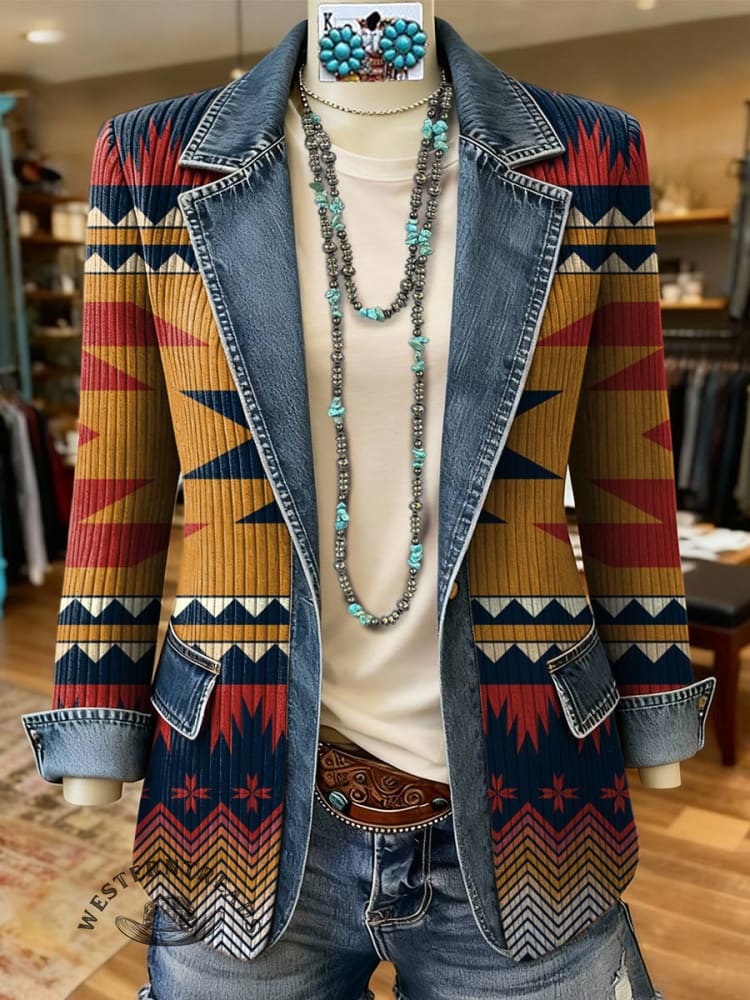 Aztec Print Patchwork Denim Sweater