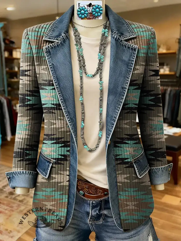 Aztec Art Print Patchwork Denim Sweater Cardigan Coat