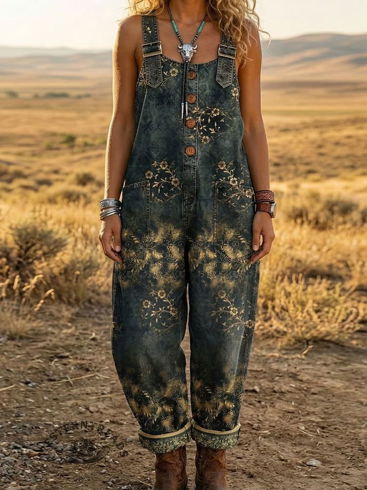 Women's Vintage Floral Print Casual Denim Pocket Jumpsuit