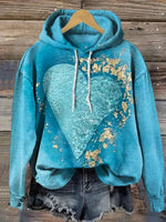 Vintage Heart Art Print Casual Cotton Hooded Sweatshirt
