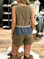 Women's Vintage Sleeveless Patchwork Casual Suit