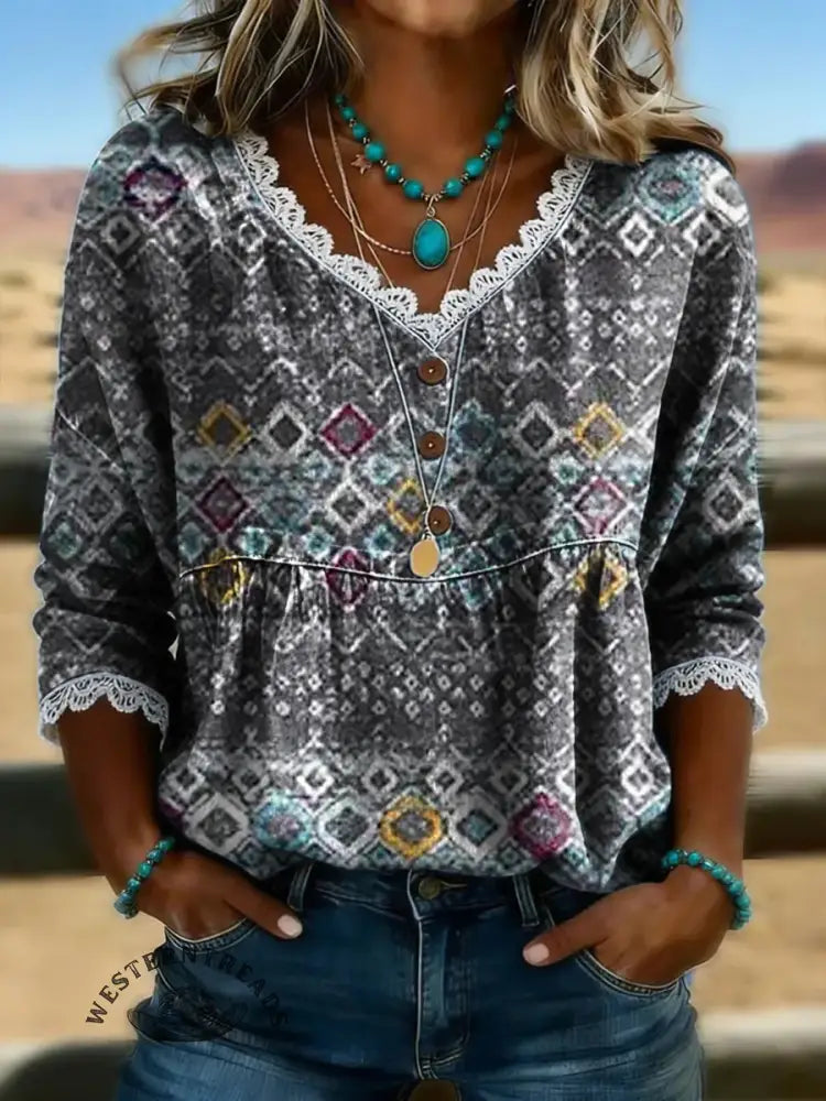 Women's Vintage Floral Print Casual Hollow-out Denim Shirt