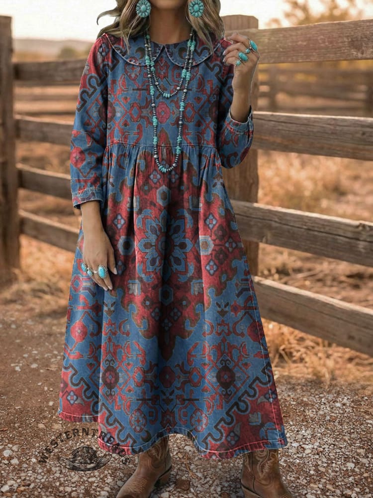 Vintage Elegant Denim Aztec Art Dress