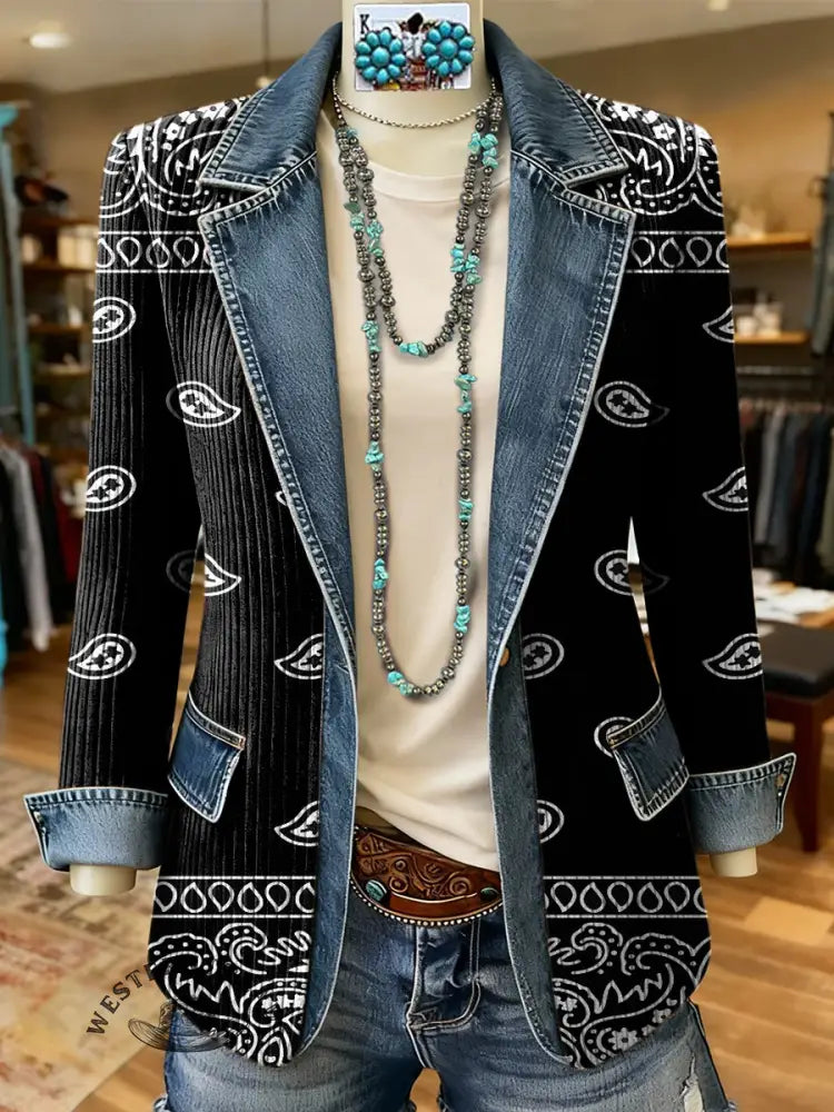 Retro Paisley Art Print Patchwork Denim Sweater Cardigan Coat