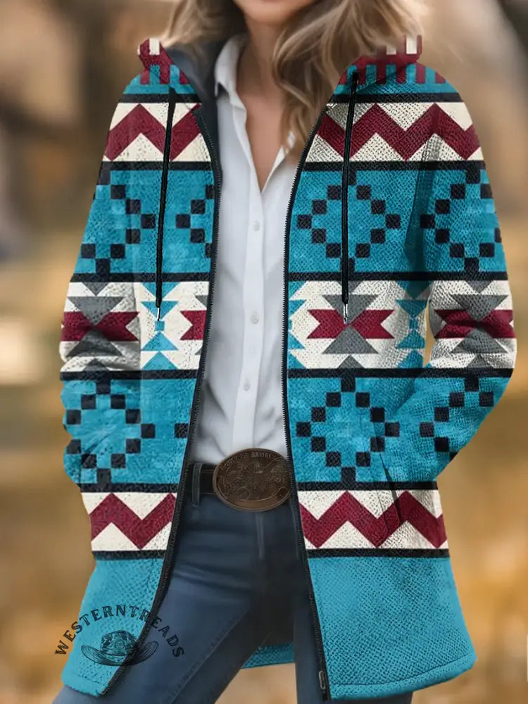 Vintage Aztec Print Unisex Plush Thick Long-sleeved Cardigan Coat