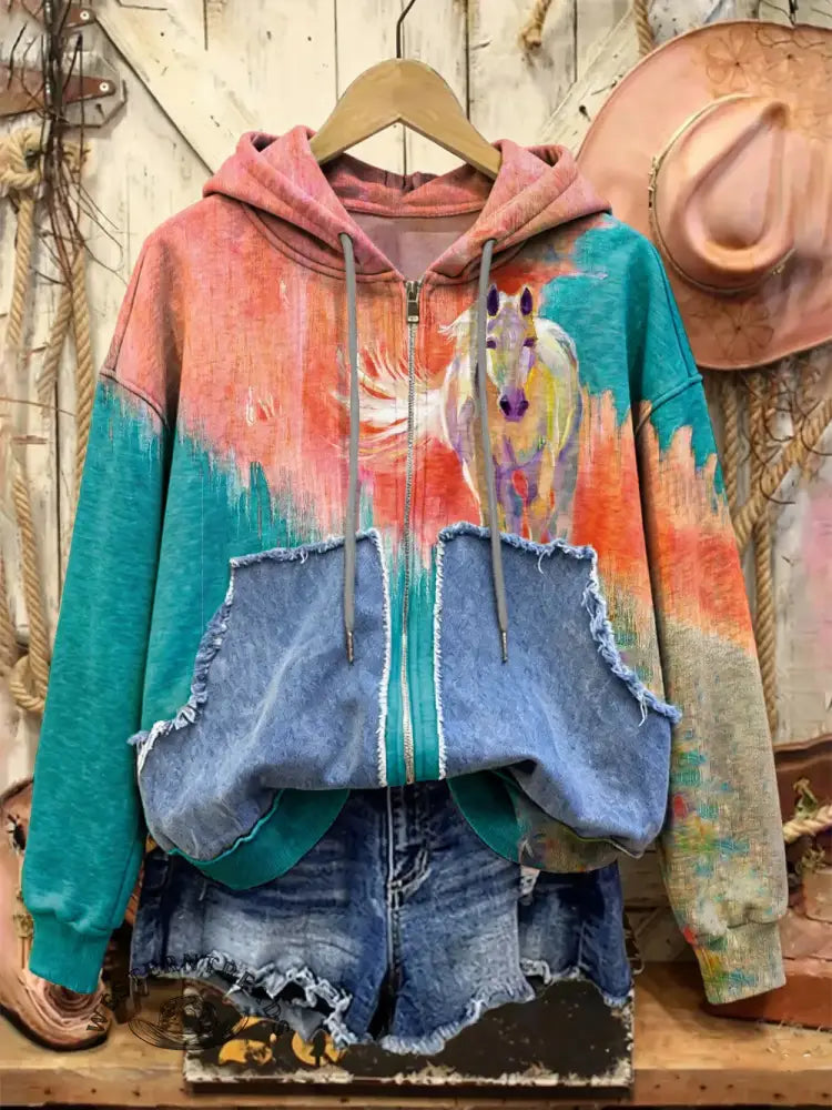 Retro Horse Print Casual Cotton Patchwork Hooded Zip-up Sweatshirt