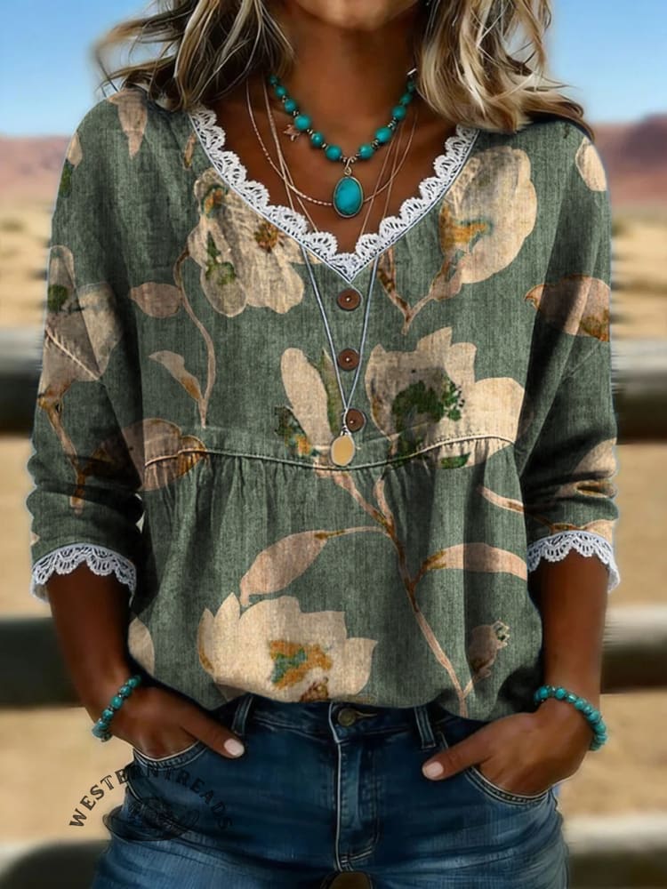 Women's Vintage Floral Print Casual Hollow-Out Denim Shirt