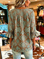 Women's Vintage Aztec Print Patchwork Chiffon Casual Shirt