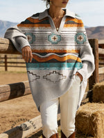 Vintage Aztec Art Print Casual Lapel Sweater