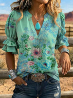 Women's Retro Floral Art Puff Sleeve Casual Shirt