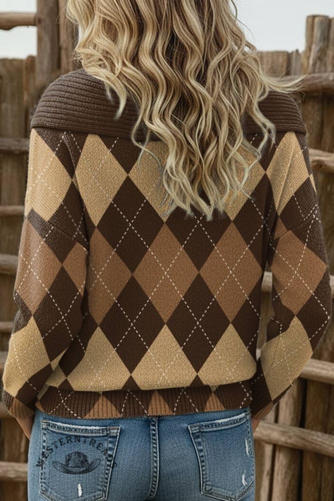 Women's Brown Checkered Print Casual Sweater