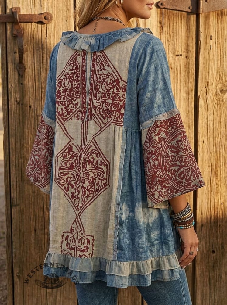 Vintage Art Print Casual Patchwork Ruffle Top