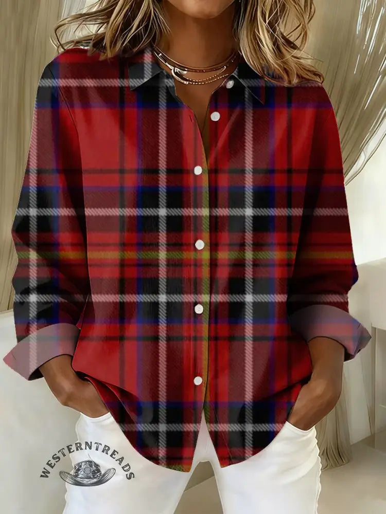 Women's Christmas Plaid Print Casual Cotton Shirt