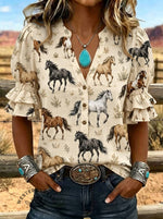 Women's Horse Art Print Puff Sleeve Casual Shirt