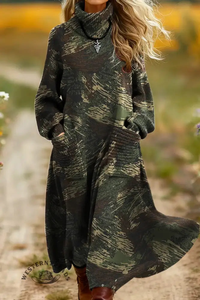 Fine Gauge✨Vintage Art Print High-neck Casual Loose Knit Dress