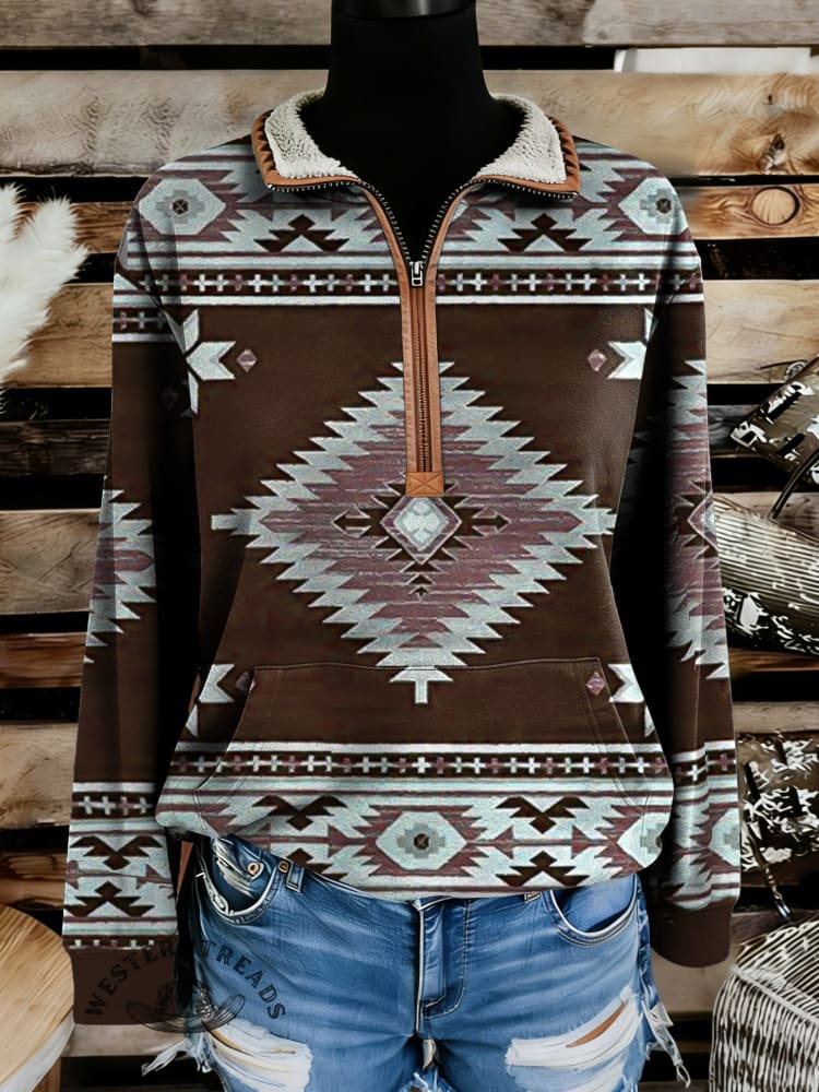 Retro Aztec Print Casual Half-zip Cotton Sweatshirt