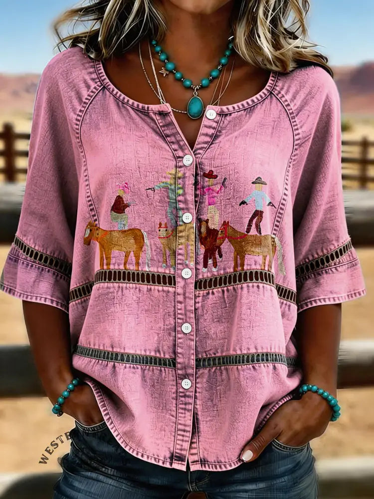 Women's Retro Cowboy Casual Hollow-out Denim Shirt