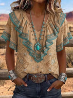 Women's Vintage Art Print Casual V-Neck Ruffle Shirt