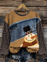 Retro Snowman Leopard Print Denim Patchwork Casual Cotton Sweatshirt
