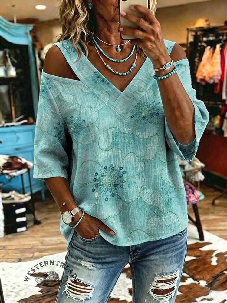 Women's Vintage Flowers Print Off-shoulder Patchwork Casual Shirt