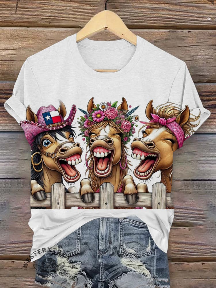 Retro Funny Horse Art Print Casual T-shirt