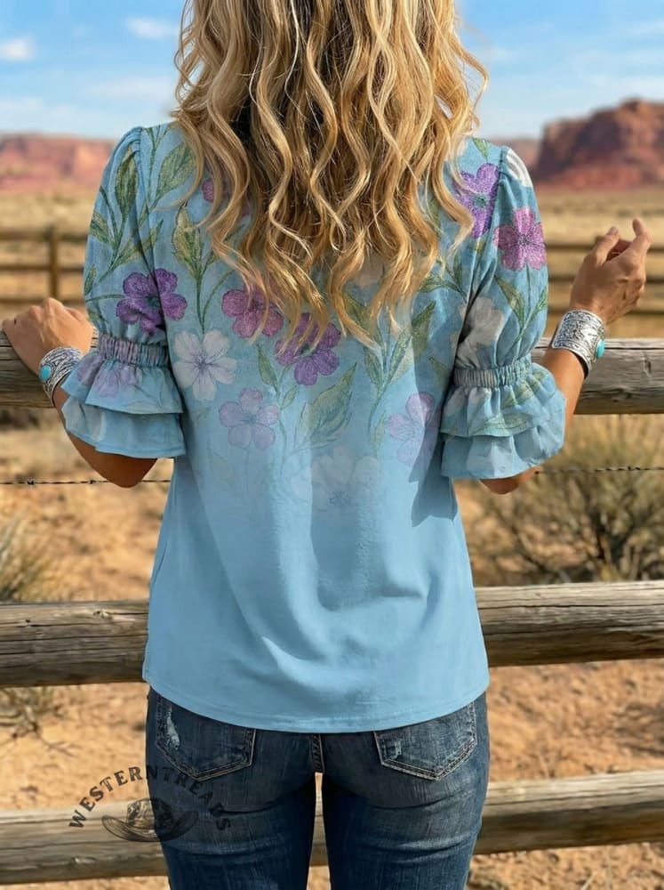 Women's Retro Floral Art Puff Sleeve Casual Shirt